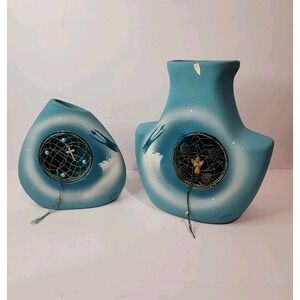 Handmade Native American Ceramic Dream Catcher Vase Set Turquoise Signed "Jada"